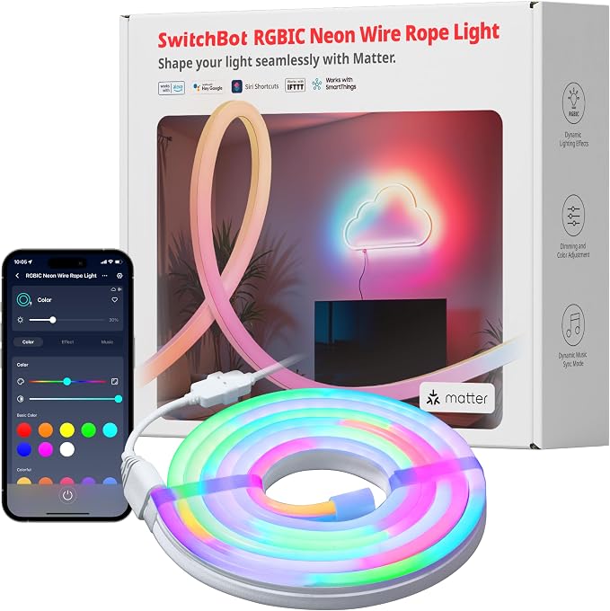 SwitchBot RGBIC Neon Rope Lights with Alexa, Matter-Certified Wire Rope Light, DIY Flexible Steel Core, Neon Lights for Wall & Bedroom, Works w Apple Home/Siri/Google, Music Sync, 16M Colors, 6.56ft