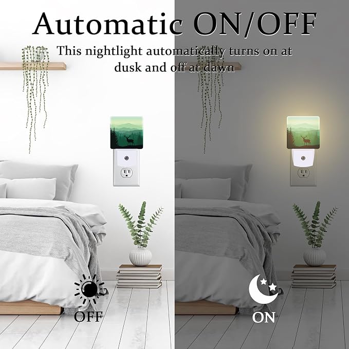 Misty Forest Deer and Mountain Night Light for Kids,Natural Landscape Wild Animal Night Light Plug in with Dusk to Dawn Sensor,0.5w Energy Saving Nightlight for Hallway Stairway Kitchen Bedroom