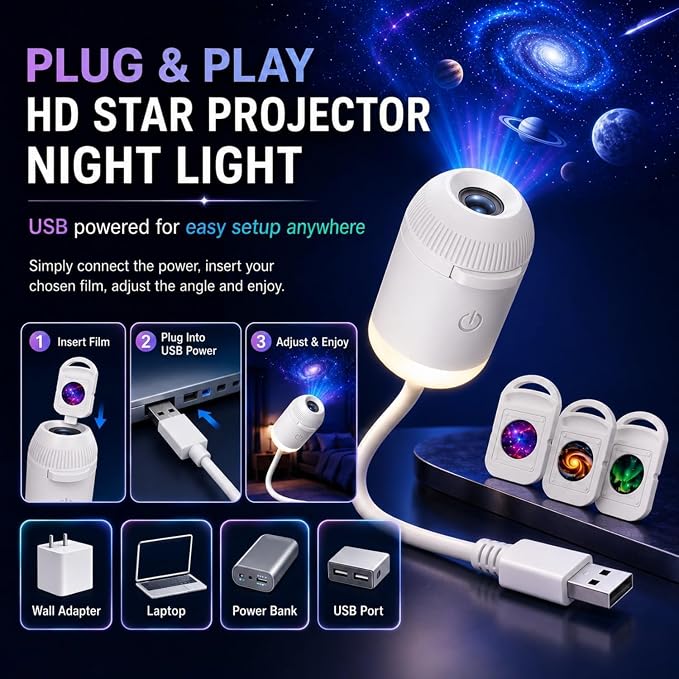 HD Smart Dynamic 5D Holographic Night Light Projector, 2-in-1 HD Plug and Play Galaxy Projector Portable Night Light Projector 360 Rotating USB Powered with 24 Films for Bedroom (3 Films)
