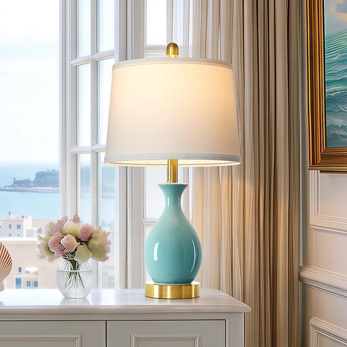 24″ Aqua Blue Ceramic Table Lamp for Living Room, Modern Classic Bedside Lamp for Nightstand, Small Table Lamp for Bedroom End Table (1 Pack)