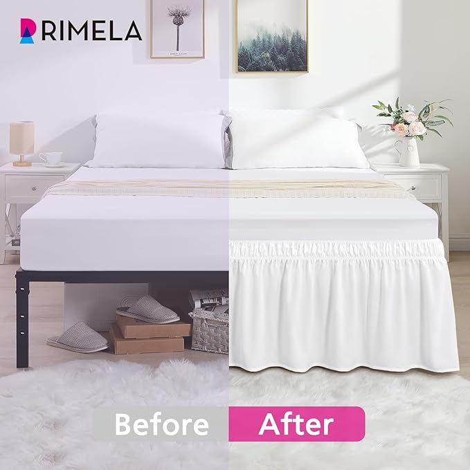 RIMELA Bed Skirt King Size Bright White 15 Inch Drop, Wrap Around Elastic Bedskirt, Dust Ruffle for Adjustable Bed Base Soft Durable Fabric Machine Washable Easy to Install Bed Skirts