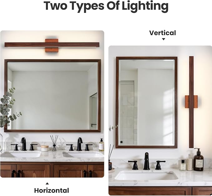 Modern Bathroom Light Fixtures Over Mirror, 32 Inch Brown Wood Finish Vanity Light Bar 26W Dimmable 5CCT LED Vanity Lights for Bathroom Wall Lighting Fixtures Over Mirror