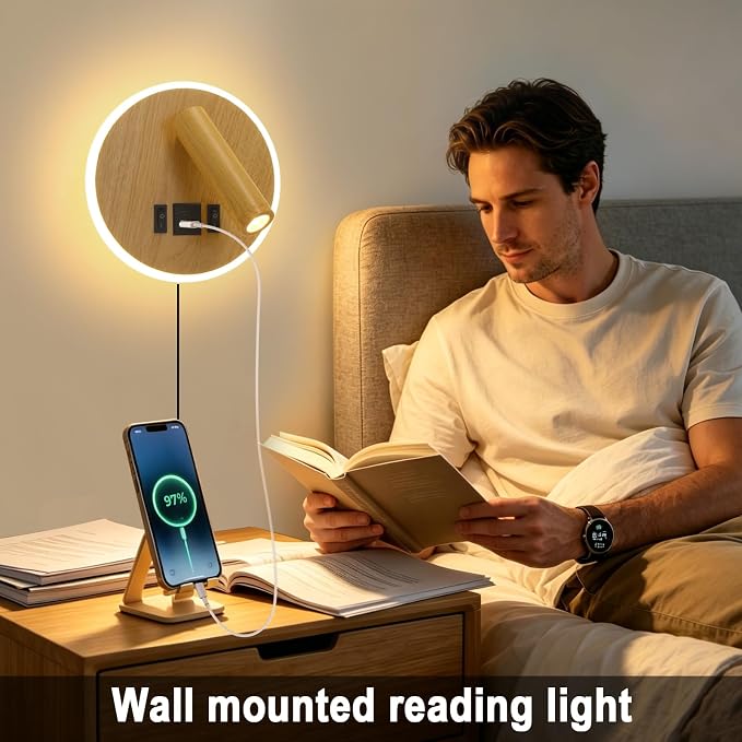 Reading Light for Bed with Plug in Wall Sconce&Hardwired Install | Wall Lamp for Bedroom with USB C+A Ports, Bedside Reading Lamp With 9W Night Light, Wood Color Reading Light Adjustable Angle
