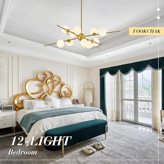 Large Gold Sputnik Chandelier 39in 12-Light Frosted Glass Chandelier Light Fixture Mid-Century Modern Molecular Chandeliers for Living Room Dining Room Foyer Kitchen Bedroom