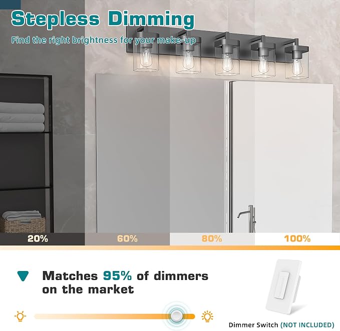 Bathroom Vanity Light, Square Design 5 Lights Morden Bathroom Lighting Fixtures Over Mirror, Black Vanity Light for Living Room/Bedroom