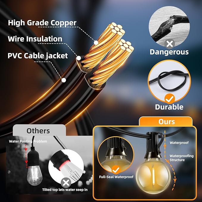 Solar Lights Outdoor Waterproof: G40 60M 200FT Shatterproof Bulbs Patio Lights - Solar Powered 3 Light Modes Solar Light - Camping Backyard Garden Deck Outside Yard