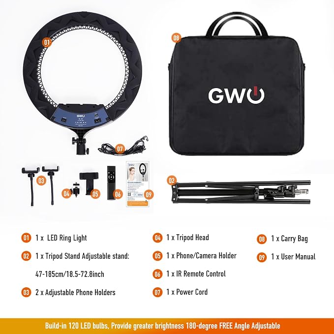 GWO 21 inch LED Ring Light with Tripod Stand 6000K Dimmable Makeup Selfie Light with Touch Panel Phone Holders for YouTube Vlog Video Shooting Include Carrying Bag and Remote Control CRI>90