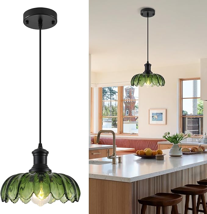 Green Pendant Light, Vintage Kitchen Pendant Lighting Over Island, Vintage Pendant Light Fixture for Dining Room, Bedroom, Living Room, Bathroom, Hallway, Sink