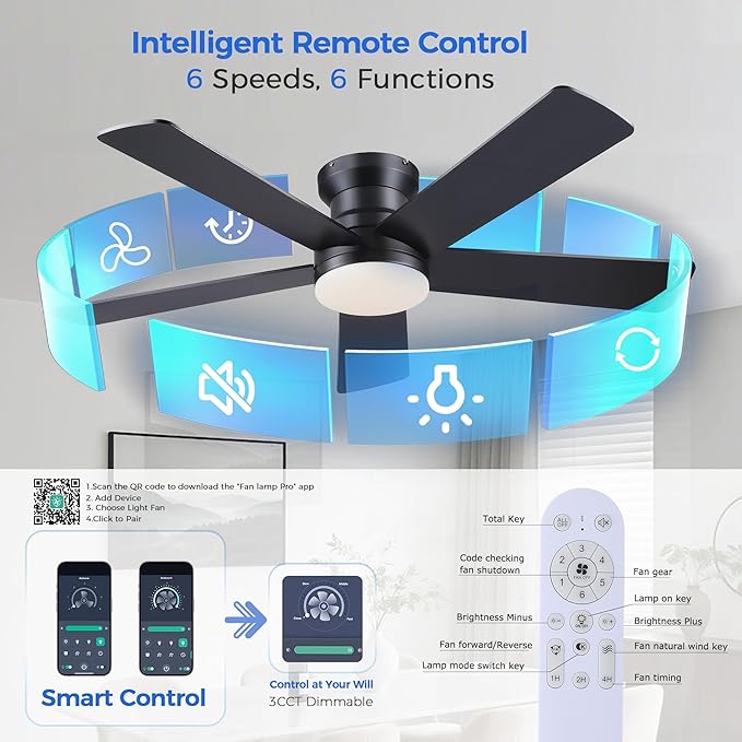 Ceiling Fans with Lights - 48" Black Flush Mount Ceiling Fan Light with 6 Speeds 3CCT Dimmable, Revesible Motor, Low Profile Fan Light for Modern Indoor Bedroom, Kitchen