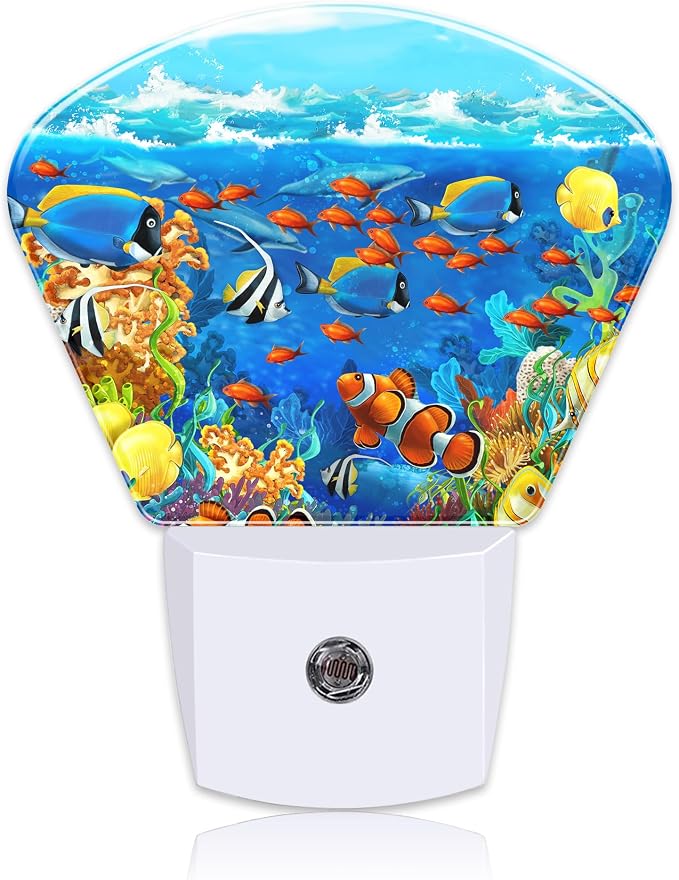 Cartoon Underwater World Night Light for Kids, Tropical Fish LED Night Light Plug into Wall with Dusk to Dawn Sensor for Girls Boys Women Men Room, Hallway, Kitchen, Bathroom, Stairs Decor
