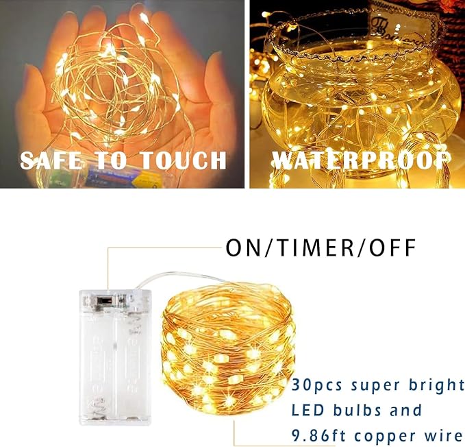 4 Pack LED Fairy Lights with Timer Battery Operated,3M 30 LED Firefly Lights Copper Wire Mini Twinkle String Lights,for Bedroom,Christmas,Wedding Decorations,Warm White