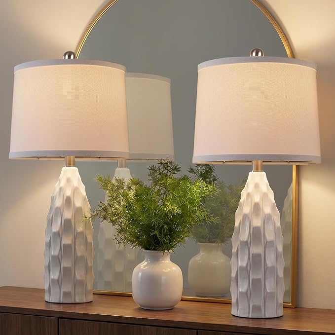 WIHTU 24" Ceramic Table Lamps Set of 2, Modern Nightstand Light, White | Linen Shade, 3 Color Temps, Farmhouse/Boho Style, Bedroom/Living Room/Office decor, Ideal Gifts, 2 Bulbs Included, E26 Base