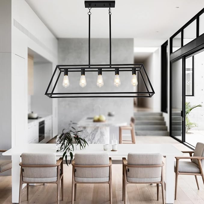 Farmhouse Rectangle Chandeliers for Dining Rooms, Modern Linear Hanging Light Fixture Matte Black 5-Light Industrial Pendant Lighting for Kitchen Island
