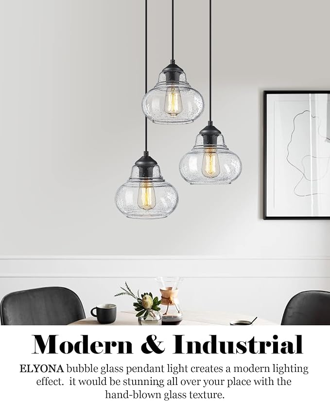 ELYONA 2 Pack Bubble Glass Pendant Light 8 inch Industrial Kitchen Hanging Pendant Light Fxitures Modern Hand Blown Seeded Glass for Farmhouse Dining Room Bar Bedroom Living Room Black