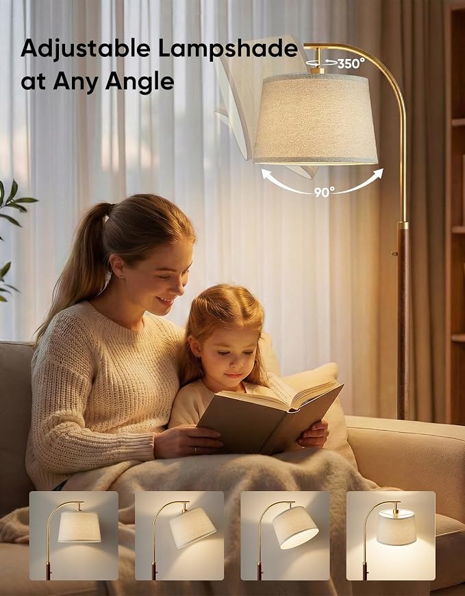 Dimmable Floor Lamp for Living Room, 65" Tall Metal Standing Lamp with LED Bulb, Mid Century Modern Arc Floor Lamp with Linen Shade for Bedroom, Reading Room, Office & Nursery, Gold and Walnut Color