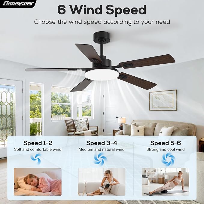 60 Inch Ceiling Fans with Lights and Remote, Bedroom Living Room Office Library Cafe Outdoor Industrial, 5CCT Dimmable, Dual Color 5 Blades, 6 Speed Reversible Quiet DC Motor, Black/Wood Grain