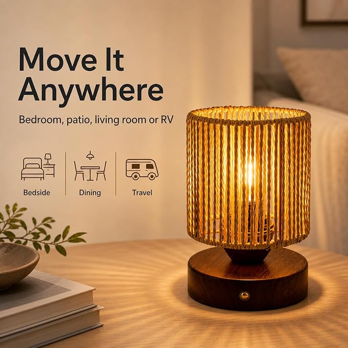 Cordless Rattan Table Lamp, 5000mAh Rechargeable Battery Operated Bedside Lamp with Edison Bulb, Stepless Dimmable Boho Cylinder Desk Light for Bedroom Living Room