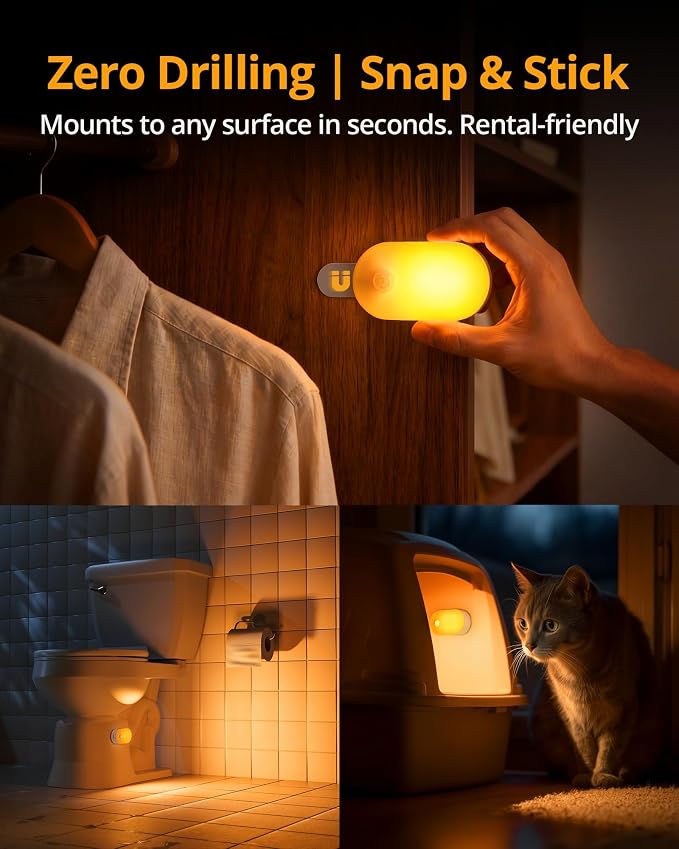 Rechargeable Battery Night Light with Motion Sensor, Portable, Auto-Off, Dimmable for Bathroom, Bedroom, Kitchen, Stairs, Hallway, Pets, Travel, 4-Pack, Amber