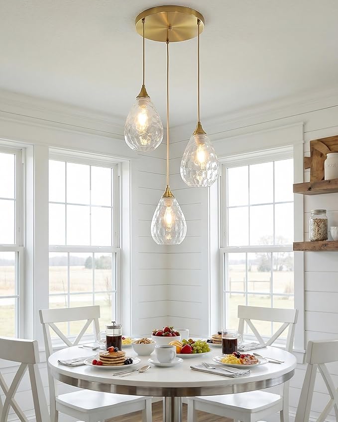 Brushed Gold 3-Light Pendant Lighting, Modern Dining Room Light Fixture Over Table with Hammered Glass, Cluster Hanging Lights for Kitchen Island Dining Room