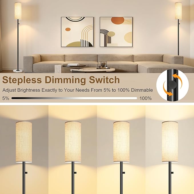 Black Floor Lamp for Living Room, Dimmable Floor Lamp with LED Bulb,Modern Standing Lamp with Marble Base,Tall Floor Lamps for Bedroom Reading Office Corner Nursery