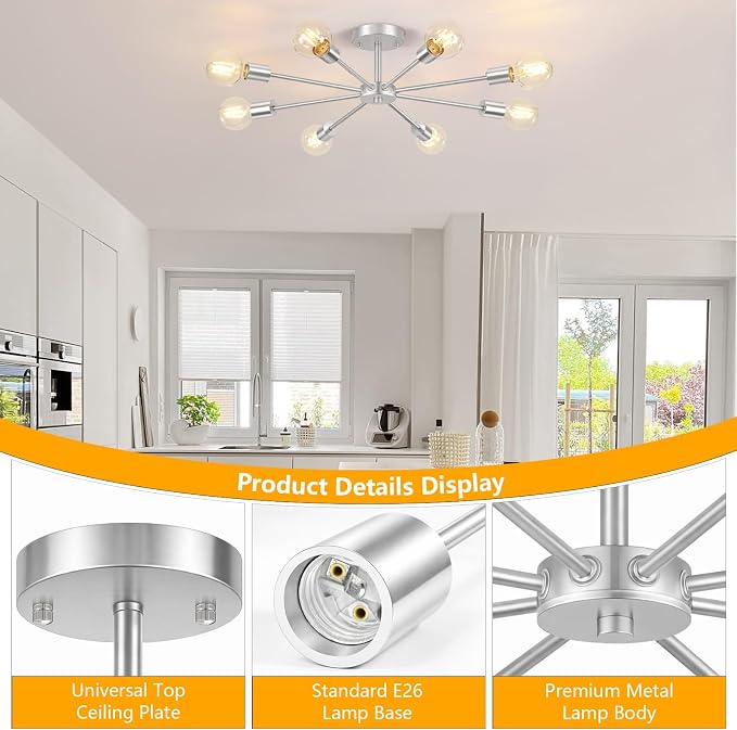 Lomoky 8-Lights Brushed Nickel Semi Flush Mount Ceiling Light Fixture, Modern Sputnik Hallway Light Fixtures Ceiling, E26 Close to Ceiling Lighting for Bedroom Dining Room Hallway
