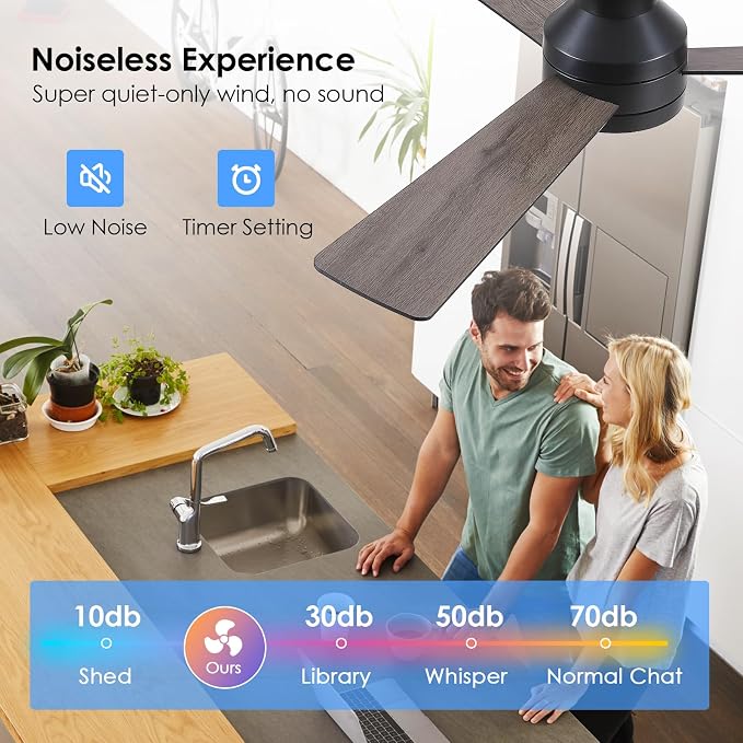 46"Black Modern Low Profile Ceiling Fans with LED Lights and Remote Control | Reversible 6 Wind Speeds, Dimmable 3 CCT LED Light, 25W Quiet DC Motor,2H Timer,3 Double-Sided Blades,for Bedroom Kitchen