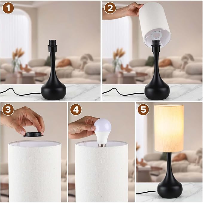Mid Century Modern Droplet Table Lamp with Cyliner Shade,Touch Control & 3-Way Dimmable, No Assembly Required, Black Vintage Farmhouse Bedside Lamp for Bedroom,Nightstand,Living Room,Office