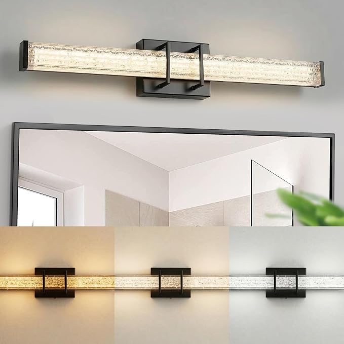 URSOLA 24" Modern LED Bathroom Light Fixtures, Matte Black 3CCT Dimmable Bathroom Vanity Light Over Mirror, Bathroom Vanity Bath Bar Lights with Crystal Acrylic Shade