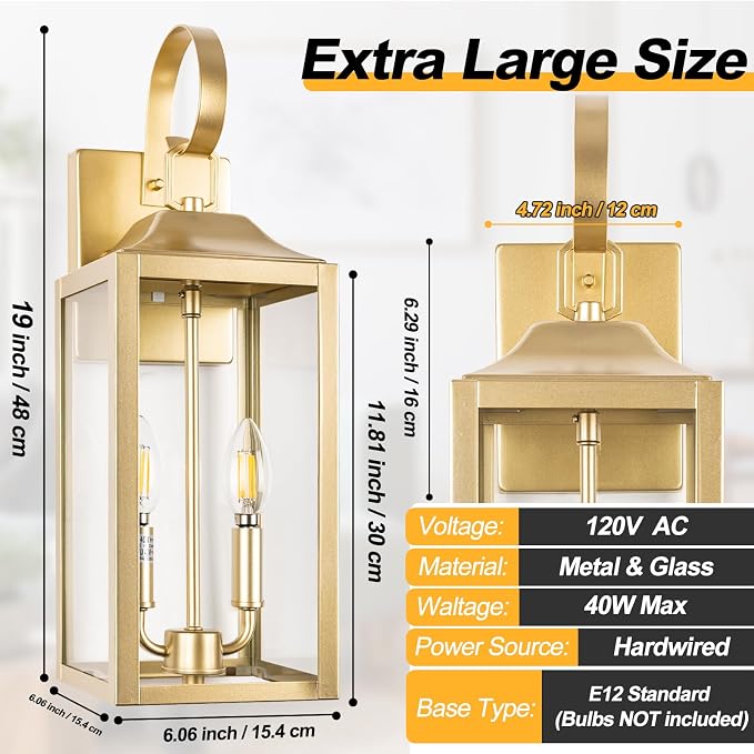 19" Gold Outdoor Wall Lantern 2-Light, Large Modern Outdoor Sconce Lights | Industrial Outdoor Light Fixtures Wall Mount with Clear Glass, Waterproof Farmhouse Exterior Lighting Fixtures, 1-Pack