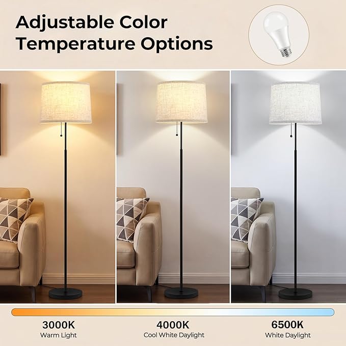 Floor Lamps for Living Room & Bedroom, 60" Modern Tall Standing Lamp, 3CCT | Lamps for Office, Classroom, Bedside, Linen Lampshade, Pull Chain Switch, Modern Design, Anti-glare Lighting, Easy Assembly