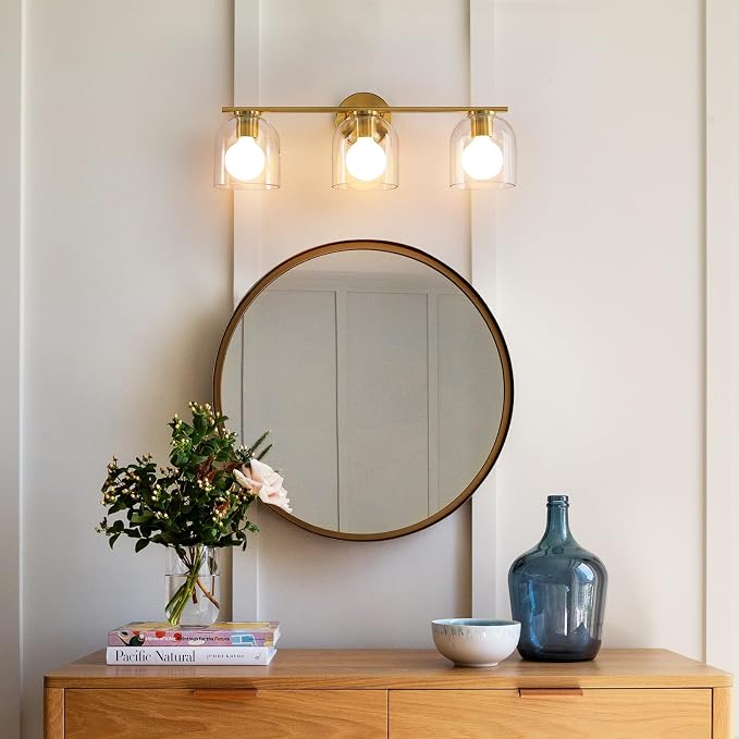 WOSHITU Bathroom Vanity Light Fixtures: 23.3 Inch Modern Brushed Gold Bathroom Light Fixtures Over Mirror with Clear Glass Shade, 3-Light Bathroom Lights Above Mirror