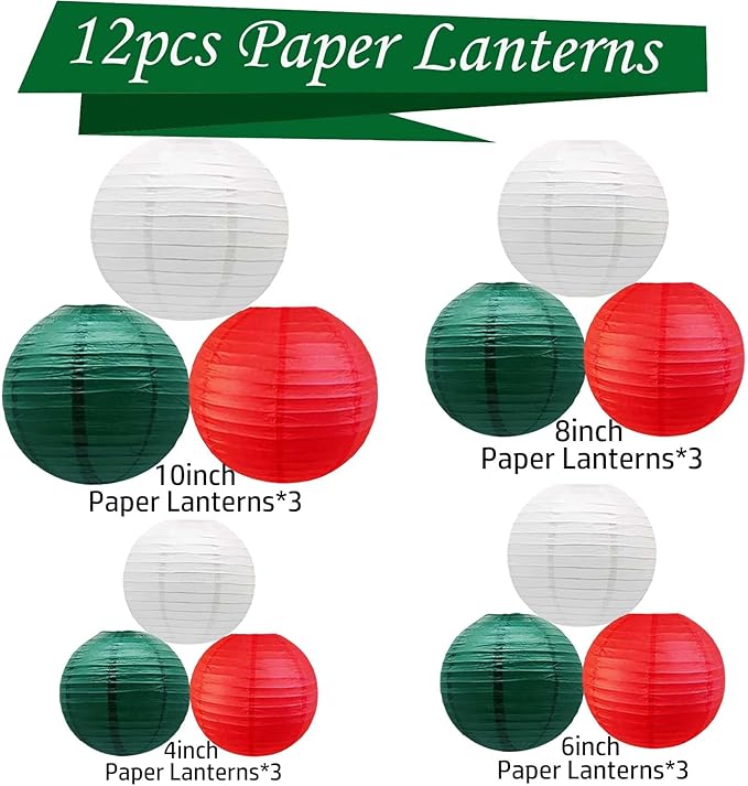 Red -White and Green Paper Lanterns 12Pcs Hanging Lanterns for Christmas Theme, Wedding, Birthday Party, Baby Shower Festive Decoration
