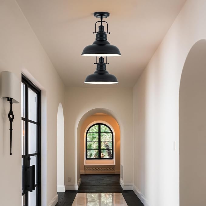Zlepmlla Famrhouse Ceiling Light, Semi Flush Mount Light Fixture with Metal Dome Shade, Balck Ceiling Light for Hallway, Entryway,Kitchen