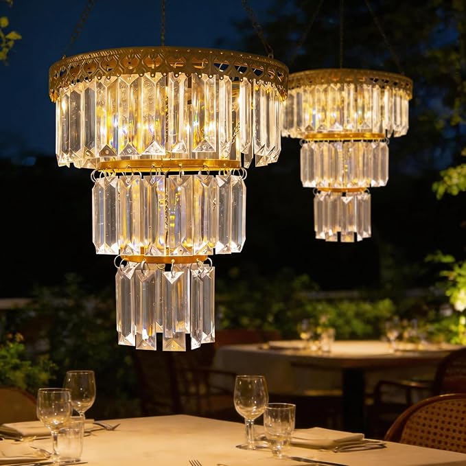Solar Hanging Crystal Chandelier Vintage Outdoor Garden Decor Light | Waterproof metal frame with warm white LED and powerful battery elegant illumination to patio, gazebo, party, tree, wedding