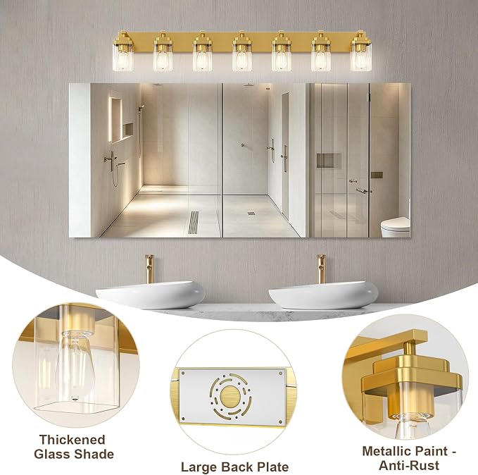 Brushed Gold Bathroom Light Fixtures, 7 Lights Bathroom Lighting Fixtures Over Mirror, Square Design & Rectangle Large Backplate, Modern Vanity Lighting Fixtures, for Living Room/Bedroom