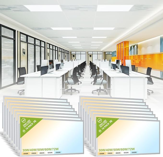 YXL 16 Pack 2x4 LED Flat Panel Light Drop Ceiling Light Fixture, 9576LM, 5CCT LED Drop Ceiling Office Light, 72W/60W/50W/40W/30W Selectable,6500K/5000K/4000K/3500K/3000K,Dimmable 0-10V,ETL