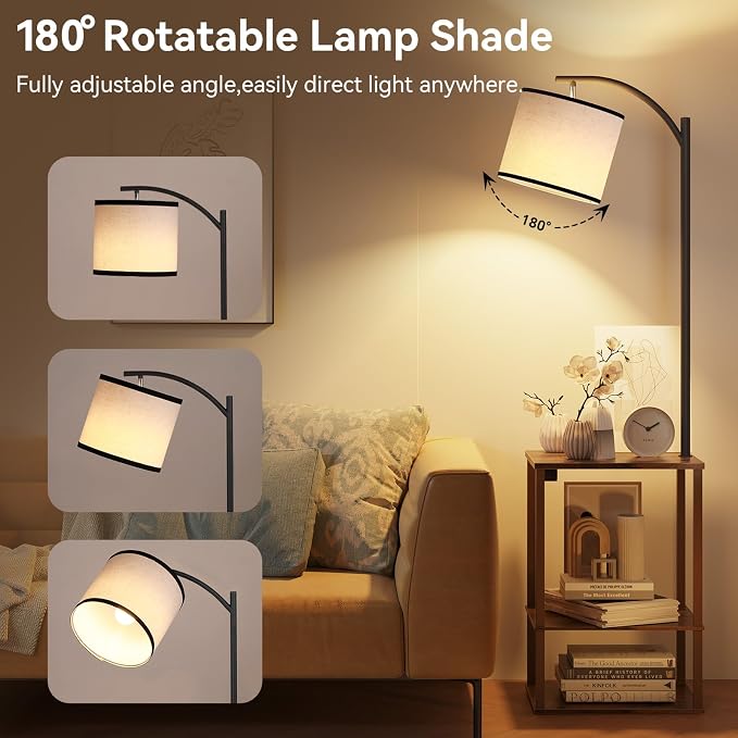 SUNMORY Floor Lamp with Table Shelves, End Side Table for Living Room | USB & AC Charging Stations, 3 Color Temperature 9W LED Bulb, Adjustable Shade, Modern Nightstand Lamps for Bedroom Office