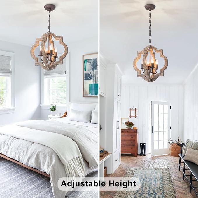 16" Farmhouse Chandelier Orb Distressed Wood Oak Dining Room Light Fixture | Rustic Country Style, Rust-Brown Finish, 4-Light Hanging Pendant Light For Foyer Entryway Kitchen Island Bedroom Over Table