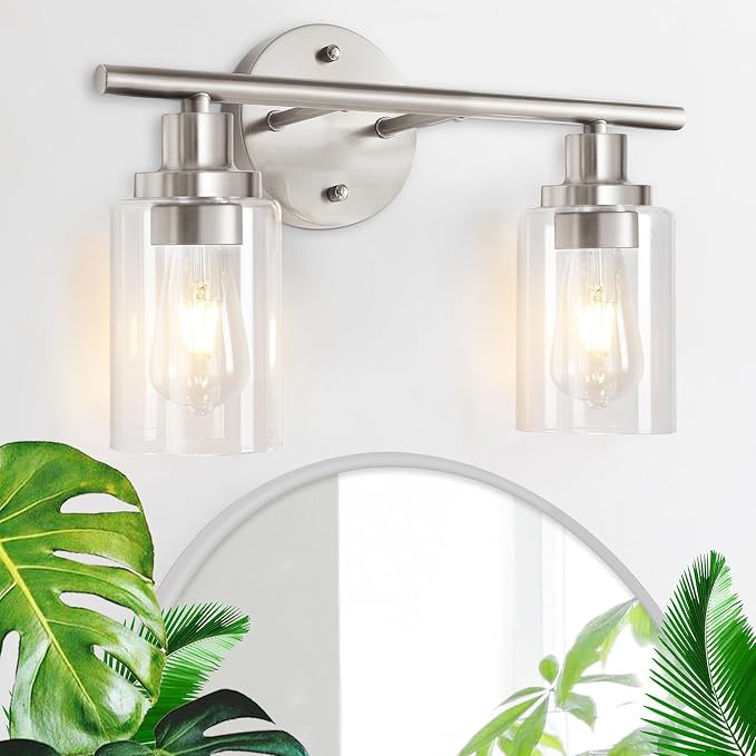 2-Light Wall Light Fixture, Bathroom Vanity Light Over Mirror | Wall Sconce Light Fixture with Clear Glass Shade Brushed Nickel Modern Metal Wall Lights for Hallway Bedroom Living Room
