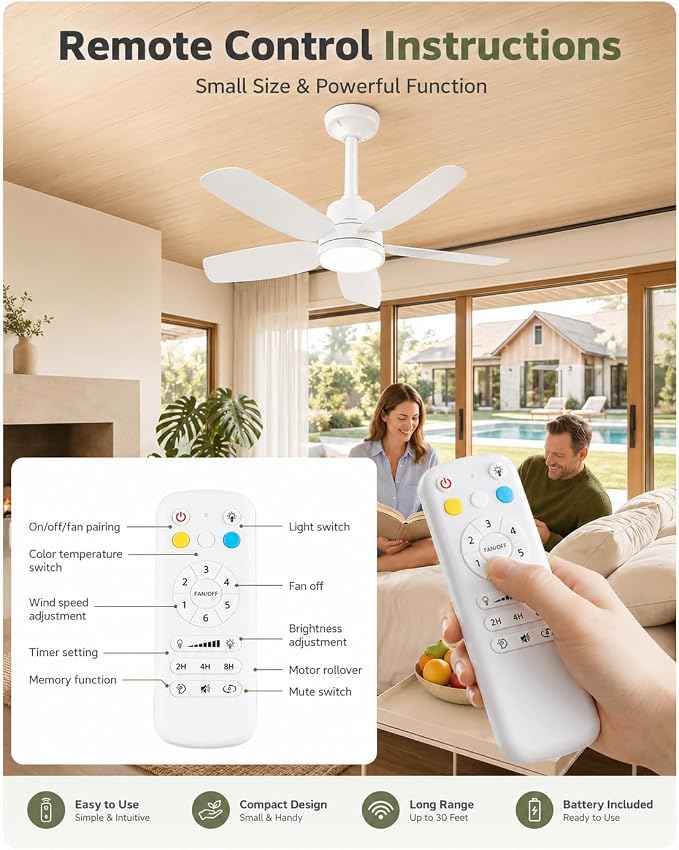 Ceiling Fan with Light, 28'' Flush Mount Low Profile Fan for Bedroom &Patio | Quiet Reversible DC Motor, 6-Speed, 3-Color Temp Dimmable LED Light with Remote & Timer, Indoor Small Ceiling Fan White
