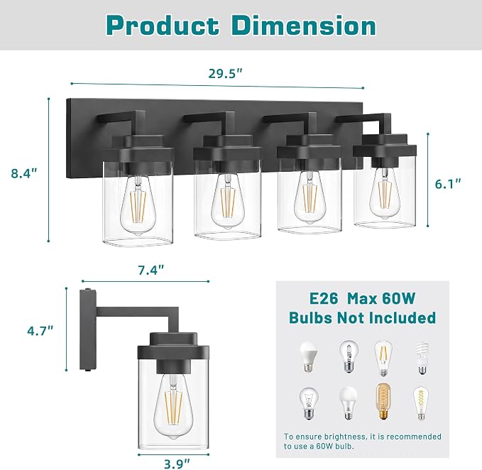 Bathroom Vanity Light, Clear Glass Shade 4 Lights Morden Bathroom Lighting Fixtures Over Mirror, Black Bathroom Light Vanity Fixtures for Bathroom/Living Room/Bedroom