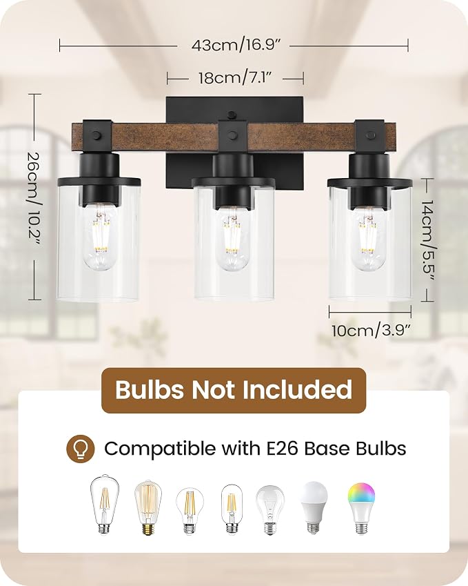3-Light Bathroom Light Fixture, Farmhouse Vanity Lights for Bathroom with Glass Shade, Rustic Bathroom Light Fixtures, E26 Base F08BD05