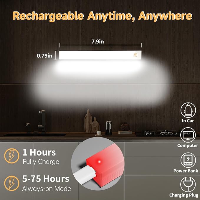 6 Pack Under Cabinet Light,Motion Sensor LED Lights with Magnetic 8 inch，Rechargeable Indoor Wireless Closet Lights for,Kitchen,Stairs Cabinet