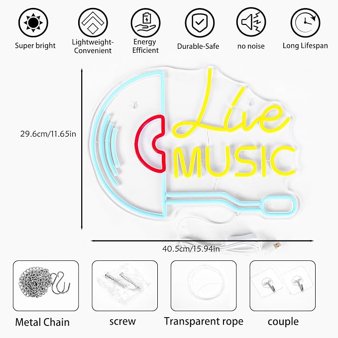 Live Music Neon Sign Vinyl Record LED Wall Light for Music Room Decor | USB Powered Live Music Neon Light, Retro Music Wall Decor for Vinyl Record Room Studio Bedroom Bar Cafe Gift for Musicians