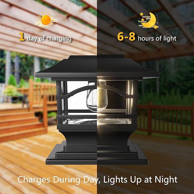 Edison Solar Outdoor Post Cap Lights - 4x4 5x5 6x6 - Bright LED Light for Fence Deck Garden or Patio Posts - Slate Black (1 Pack) | Slate Black, fence/deck/garden/patio posts, diecast aluminum & glass, bright 30lm warm white LED, auto-on, 8h, cordless,...