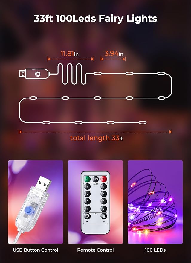 Halloween Fairy Lights Plug in, 33Ft 100 LED USB Twinkle String Lights with Remote and Timer, Waterproof 8 Modes for Home Party Haunted House Indoor Outdoor Halloween Decorations, Orange & Purple
