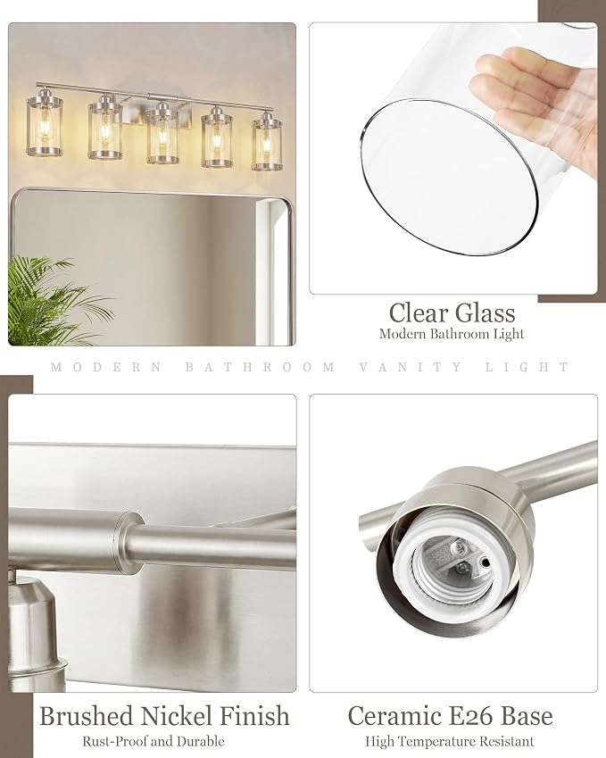 5-Light Brushed Nickel Bathroom Light Fixtures Over Mirror with Clear Glass and Metal Cage Shade, 38" UL-Listed Modern Farmhouse Wall Sconce for Bath, Hardwire E26, OS-3014BN-5W