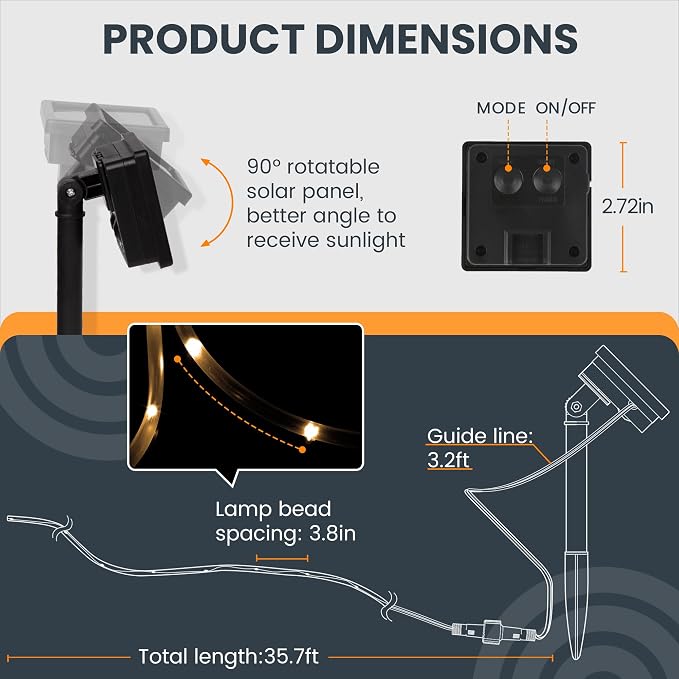 GIGALUMI 2 Pack Solar Rope Lights Outdoor Waterproof, Warm White | Total 72FT 200LED, 8 Modes IP65, Solar Fairy Lights for Outside Tree Fence Railing, Decorative Lighting for Patio Yard Porch
