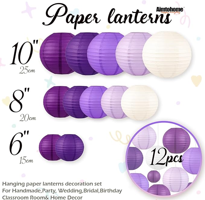 Purple & Cream White Paper Lanterns Set (12 Pcs) - 6/8/10 Inch Hanging Lanterns for Weddings, Women’s Professional Parties, Birthdays & Home Decor
