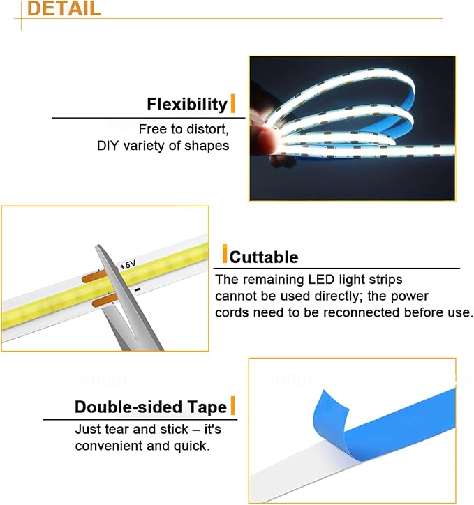 5V USB LED Strip Lights 3.28FT, 3Key COB LED Light Strip White, Short LED Strip Light, Flexible Bright for Under Cabinet, Kitchen, TV Backlight, Shelves, Displays and TV Lights